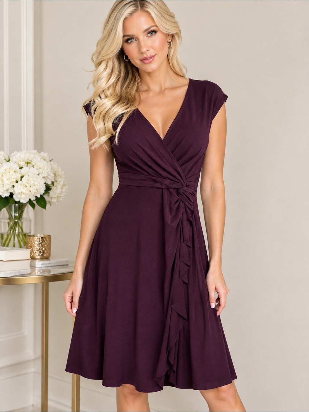 Lauren Ralph Lauren Deep Plum Wrap-Front Midi Dress Size 12